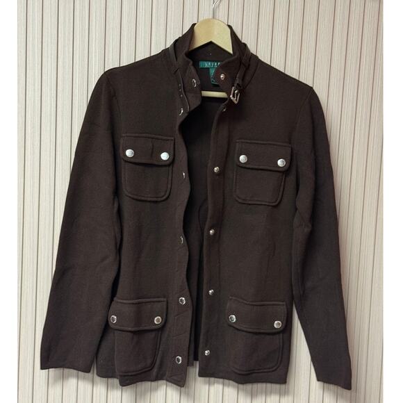 Ralph Lauren Women’s Knit Utility Jacket Brown Snap Button Size L - Picture 2 of 12